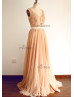 Deep V Back Champagne Tulle Lace Beaded Prom Dress